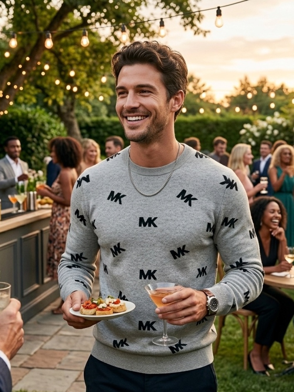 Michael Kors All Over Print MK Logo Sweater - KF3609UDP3 - MEDIUM - Pearl Grey